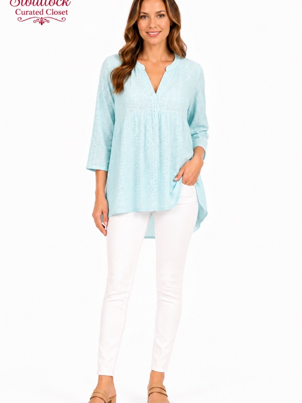 L5 LOGO by Lori Goldstein Eyelet High-Low Tunic Top Blue Size Large 3/4 Sleeve